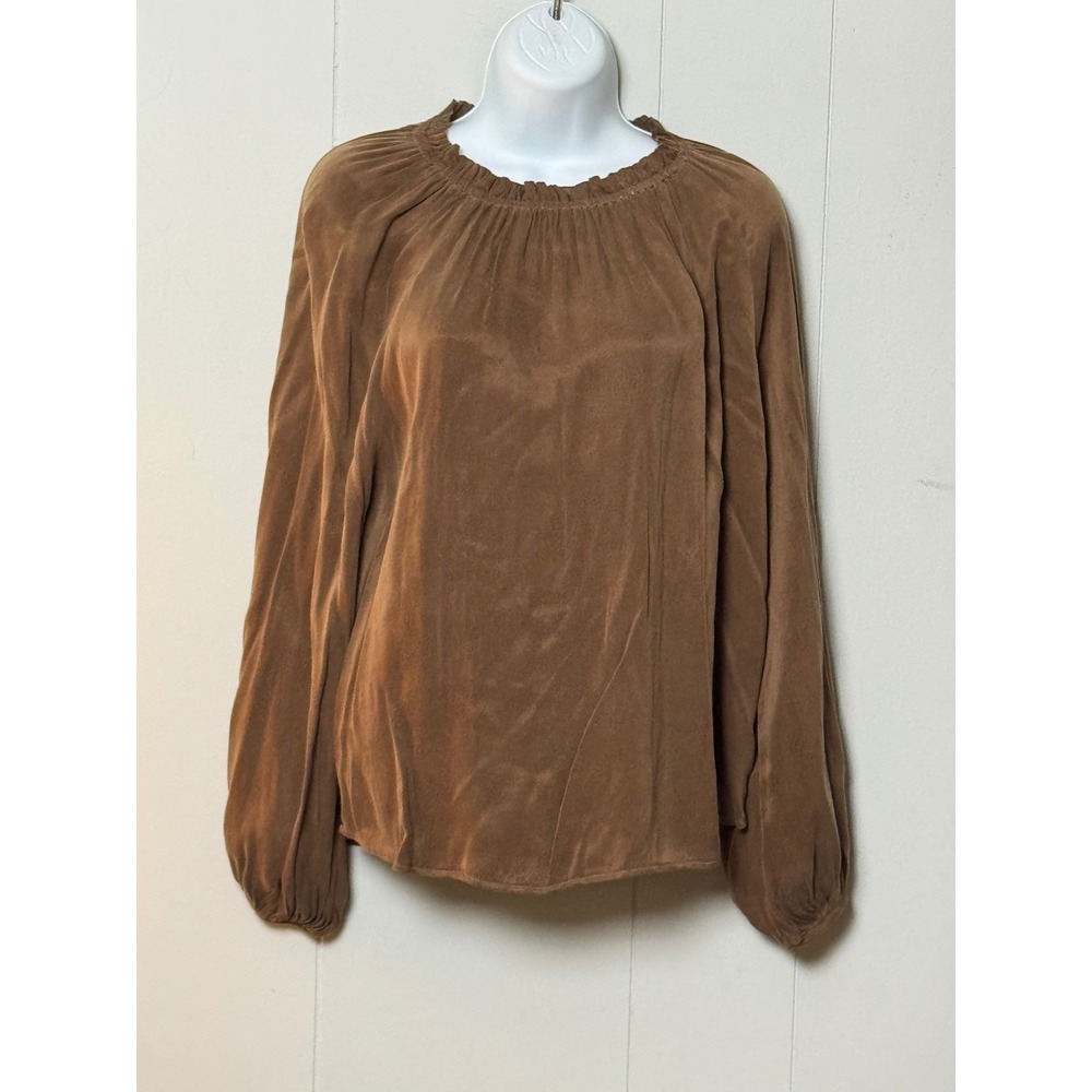 Bella Dahl Womens Brown Cupro Rayon Ruffle Neck Lantern Sleeve Blouse Top Size M